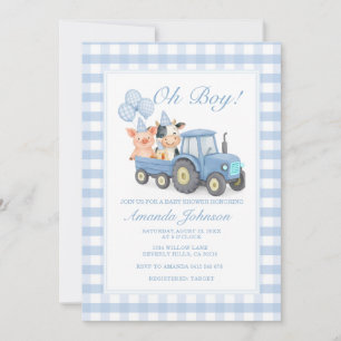 Blue Gingham Tractor Baby Shower Animals Invitation