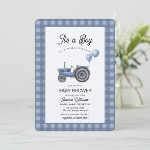 Blue Gingham Tractor Balloon Baby Shower  Invitation