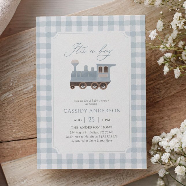 Blue Gingham Train Baby Shower Invitation (Creator Uploaded)