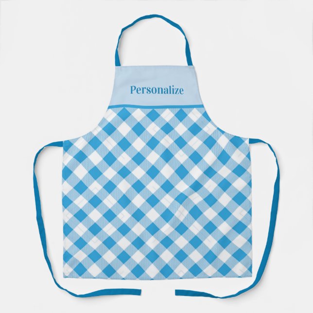 Blue Gingham Vintage Plaid Pattern Personalized Apron (Front)