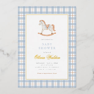 Blue Gingham Vintage Rocking Horse Baby Shower