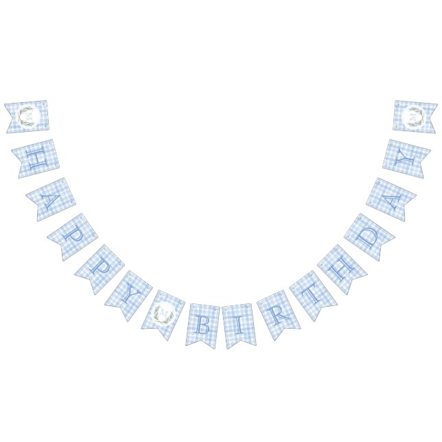 Blue Gingham Watercolor Laurel Crest Bunting Flags (All)