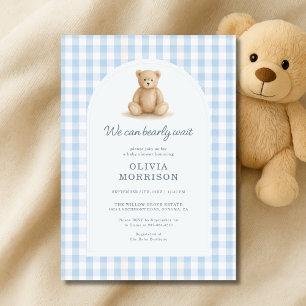 Blue Gingham We Can Bearly Wait Baby Shower Invitation