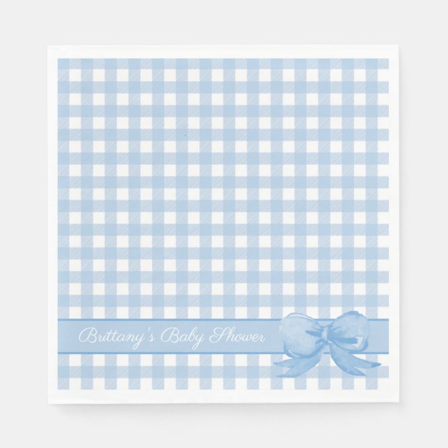 Blue Gingham with Bow Baby Shower Napkins (Front)