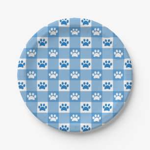 Blue Gingham with Paw Prints Picnic Party Paper Plate