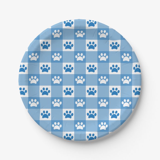 Blue Gingham with Paw Prints Picnic Party Paper Plate (Front)