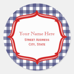 Blue Gingham With Red Address Sticker