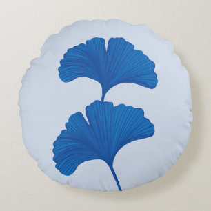 Blue Ginkgo Leaf Customizable Background Colours Round Pillow