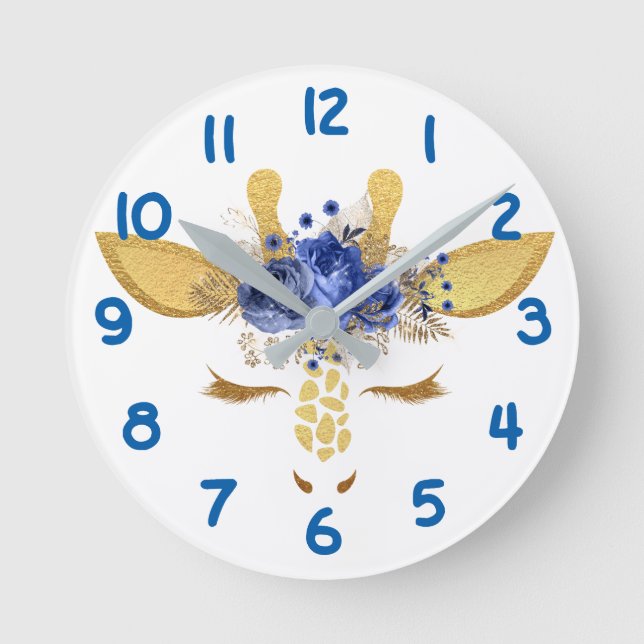 Blue Giraffe Face Number Kids Round Clock (Front)