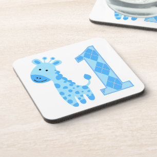 Blue Giraffe First Birthday Coaster