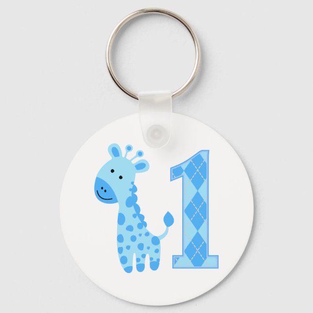 Blue Giraffe First Birthday Keychain (Front)
