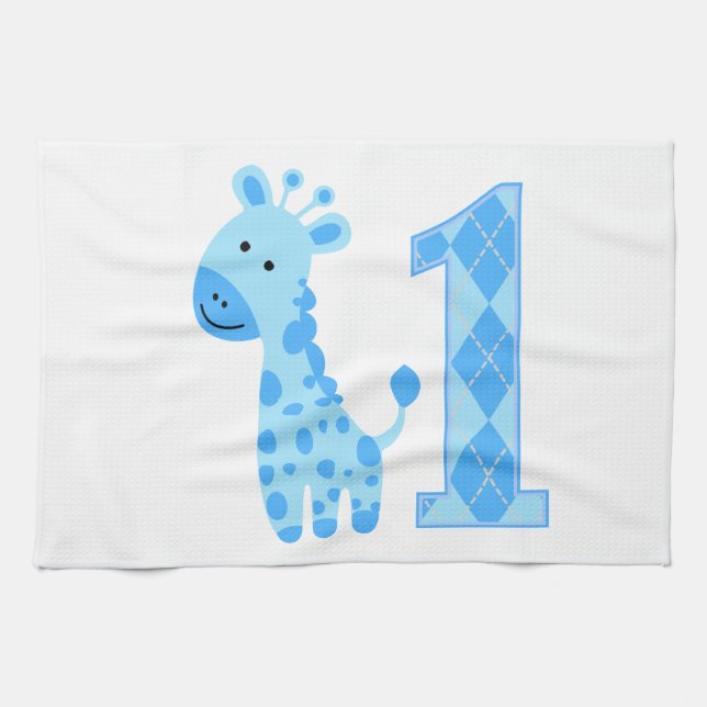 Blue Giraffe First Birthday Kitchen Towel (Horizontal)
