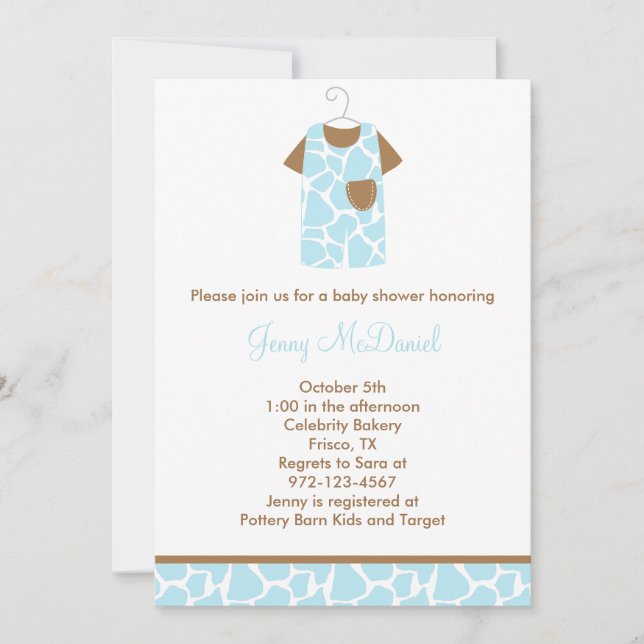 Blue Giraffe Print Baby Shower Invitations (Front)