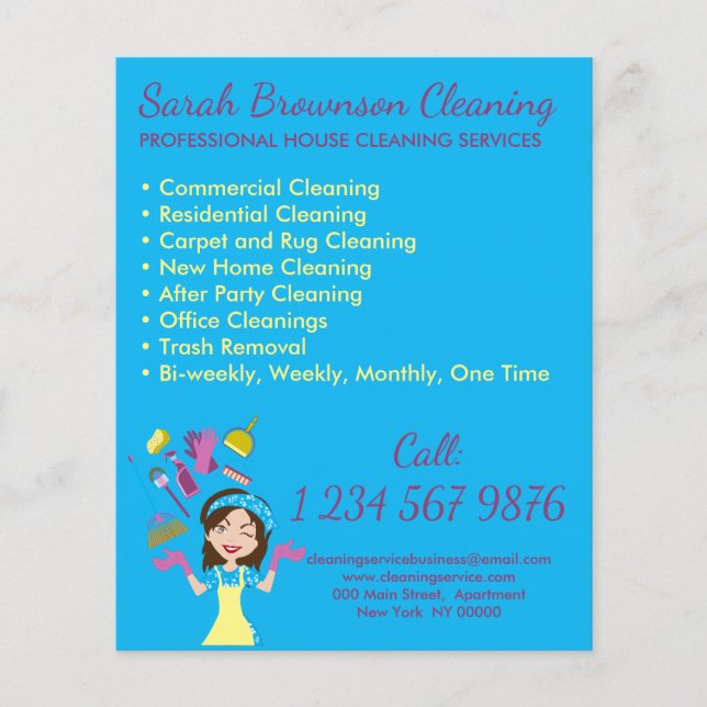 Blue Girl House Maid Janitorial Cleaning Flyer (Front)