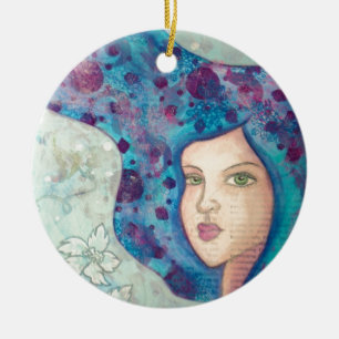 Blue girl portrait. Long hair. Whimsical painting. Ceramic Ornament
