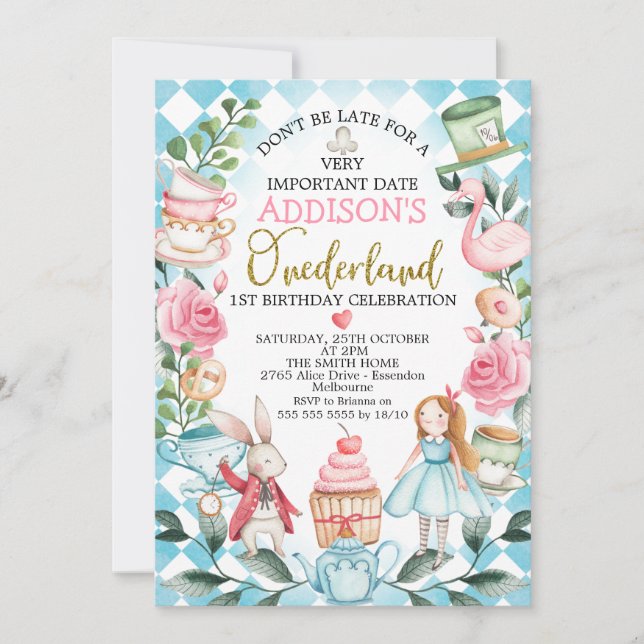 Blue Girls Alice In Onderland Birthday Invitation (Front)