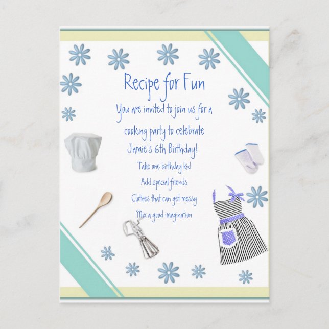 Blue Girls Cooking Party Invitation Postcard (Front)