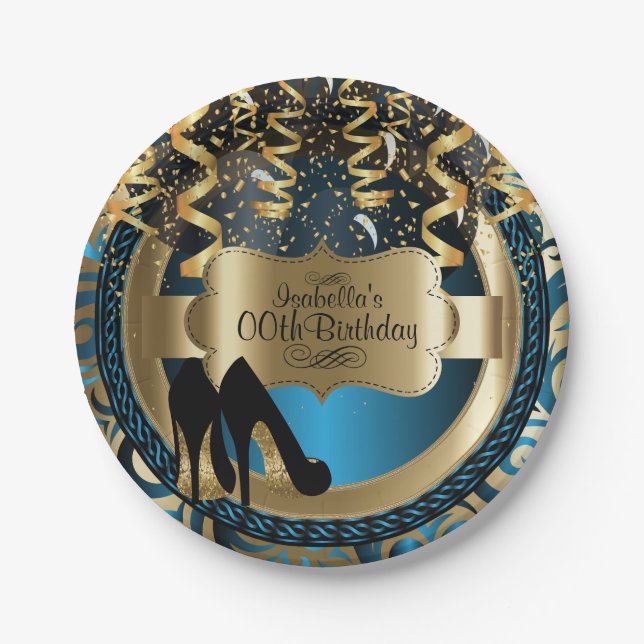 Blue Girly  Birthday with Gold & Black High Heels Paper Plate (Front)