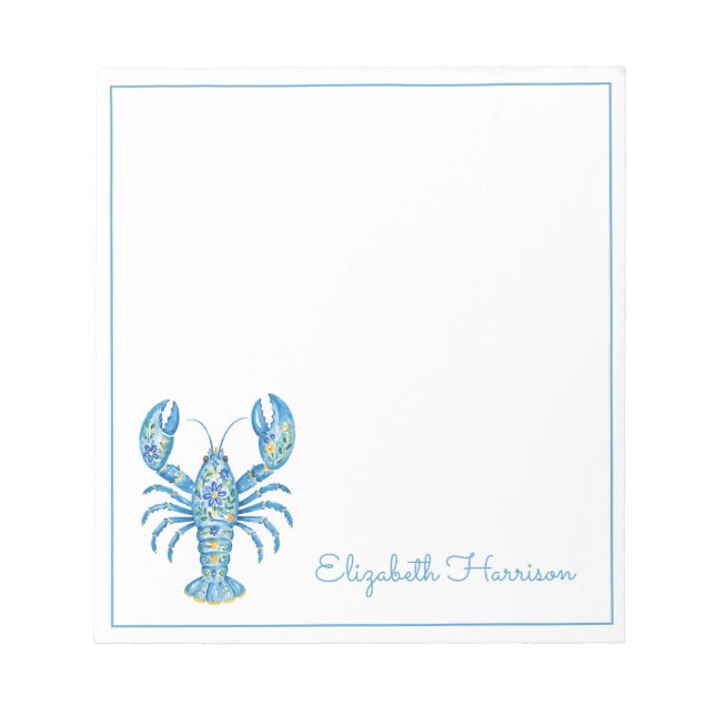 Blue Girly Floral Lobster Personalized Notepad (Front)