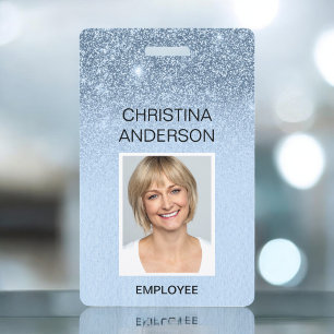 Blue Girly Glitter Employee Name Photo Corporate Badge