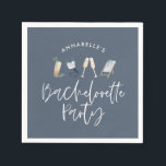 Blue girly modern champagne script bachelorette napkin<br><div class="desc">Navy blue summery girly modern champagne script bachelorette party design.</div>