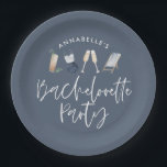 Blue girly modern cocktail script bachelorette paper plate<br><div class="desc">Navy blue summery girly modern cocktail script bachelorette party design.</div>