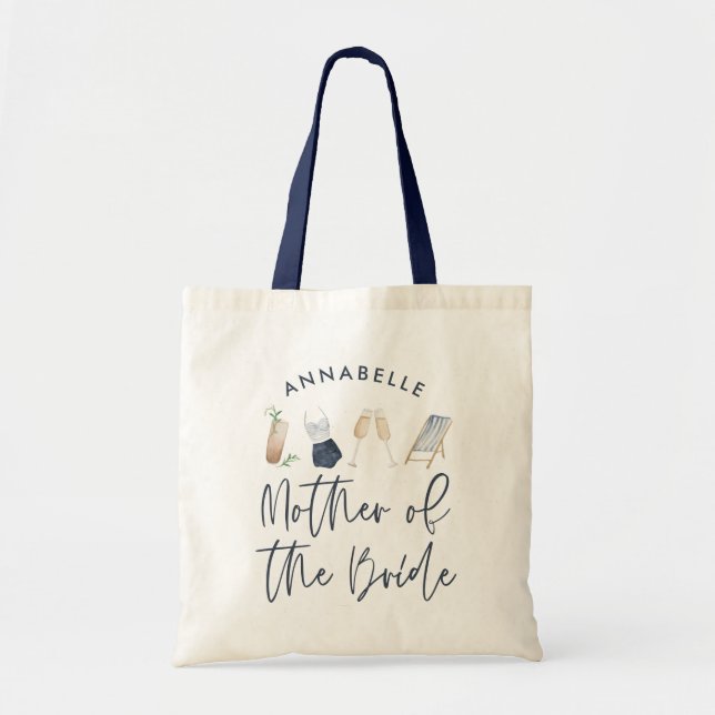 Blue girly modern script mother of the bride tote bag (Front)