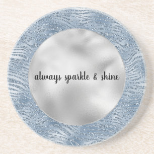 Blue Glam Glitter Zebra Print Coaster