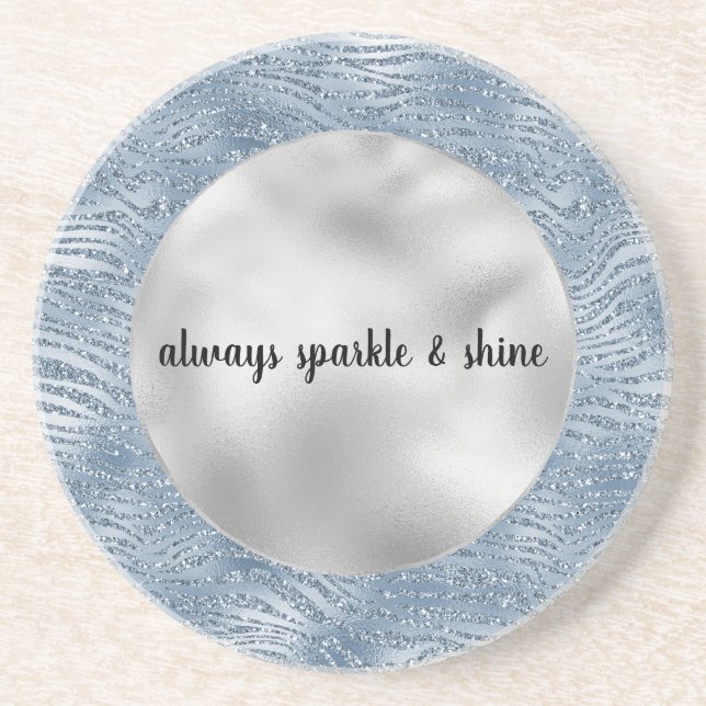 Blue Glam Glitter Zebra Print Coaster (Front)