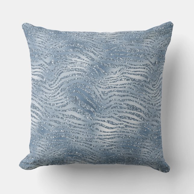Blue Glam Glitter Zebra Print Throw Pillow (Front)