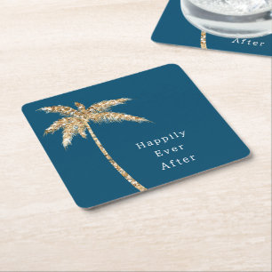 Blue Glam Gold Glitter Palm Tree Square Paper Coaster