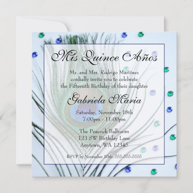 Blue Glam Peacock Feather Quinceanera Birthday Invitation (Front)