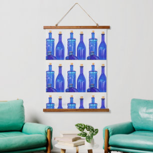Blue Glass Corked Lined Up Bottles Pattern Hanging Tapestry