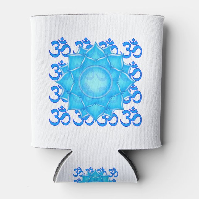 Blue Glass Lotus Flower Drawing With Om Pattern Can Cooler (Front)