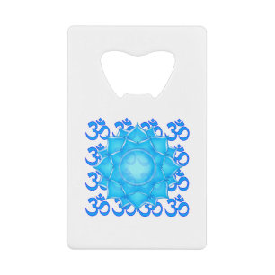 Blue Glass Lotus Flower Drawing With Om Pattern Credit Card Bottle Opener