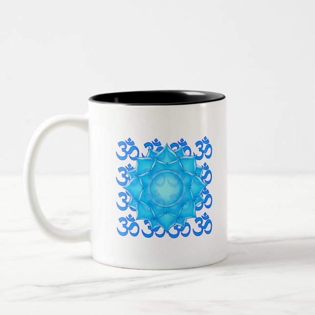 Blue Glass Lotus Flower Drawing With Om Pattern Two-Tone Coffee Mug (Left)