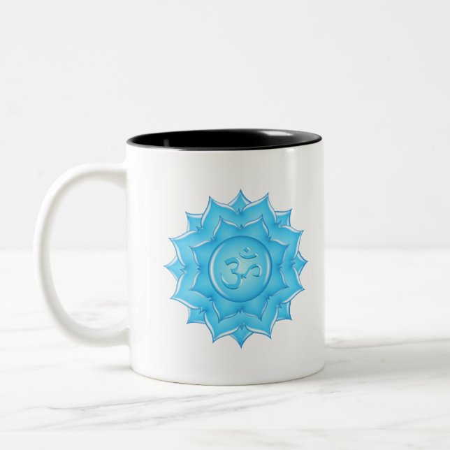 Blue Glass Lotus Flower Om Symbol Drawing Two-Tone Coffee Mug (Left)