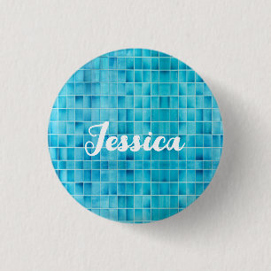 Blue glass tile blocks mosaic glass 1 inch round button