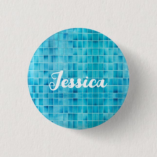 Blue glass tile blocks mosaic glass 1 inch round button (Front)