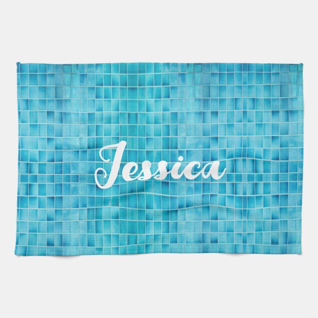 Blue glass tile blocks mosaic kitchen towel (Horizontal)