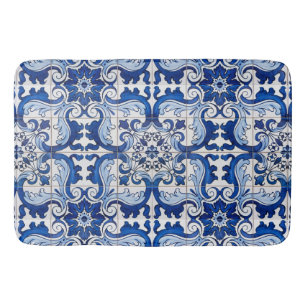 Blue Glazed Azulejo Tile Floral Pattern Bath Mat