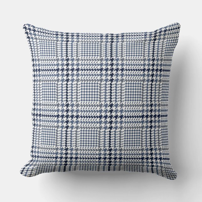 Blue Glen Check Houndstooth Plaid Pattern Throw Pillow (Front)