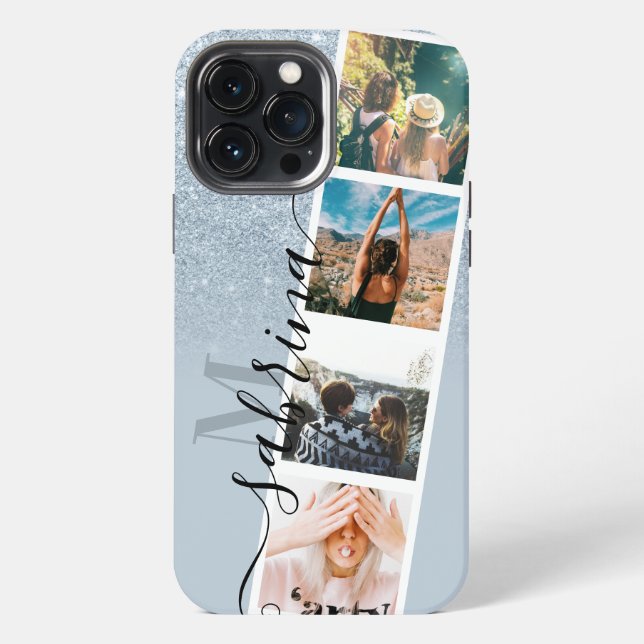 Blue glitter 4 photo grid collage name monogram iPhone case (Back)