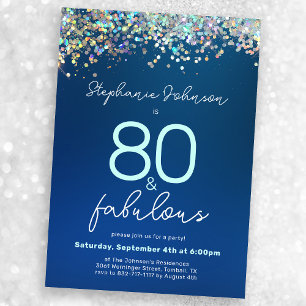 Blue Glitter 80 and Fabulous 80th Birthday Party Invitation