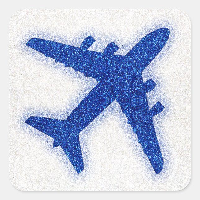 Blue glitter airplane round sticker labels (Front)