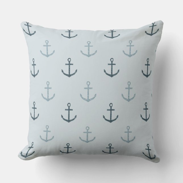 Blue Glitter Anchors Throw Pillow (Front)
