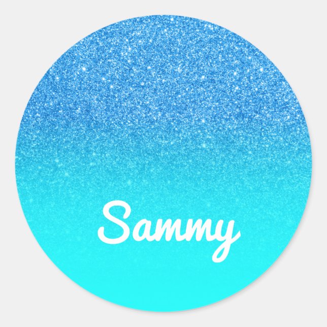 Blue Glitter and Aqua Ombre Personalized Classic Round Sticker (Front)