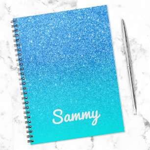 Blue Glitter and Aqua Ombre Personalized Notebook