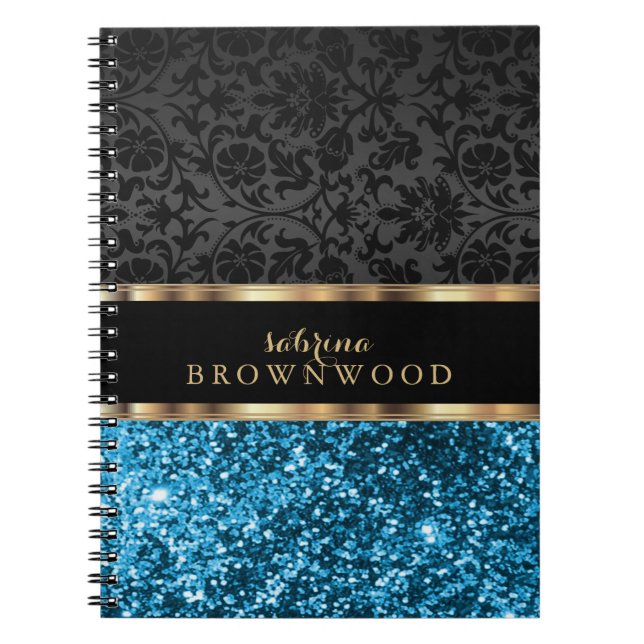 Blue Glitter and Black Damask  Notebook (Front)