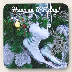Blue Glitter and Fur Ice Skates on Christmas Tree Coaster